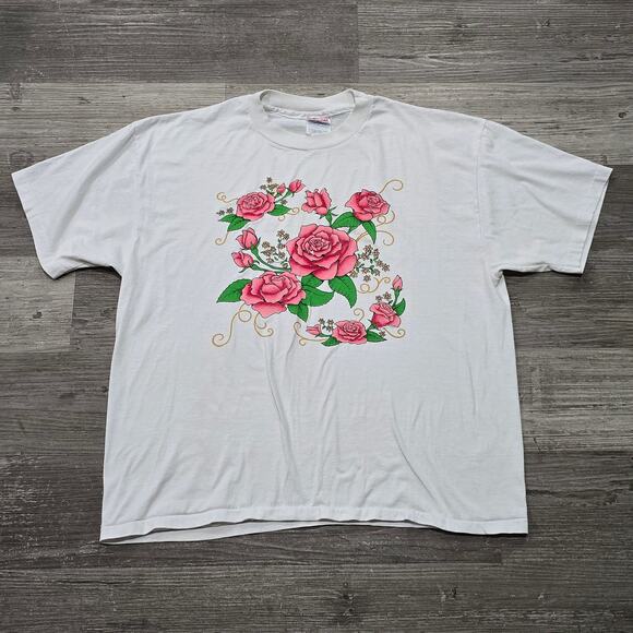 Vintage 90's Pink Rose Flower Nature Art Short Sleeve Tee Shirt T-Shirt - Picture 10 of 10